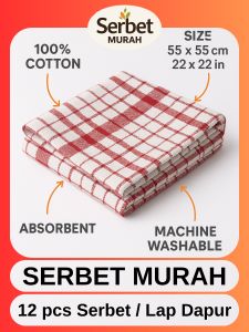 Serbet Murah Jumbo Kain Lap Dapur Profesional 100% Katun Asli Premium Kualitas Restoran (1 Lusin) - Serap Air & Minyak Anti Luntur Serbet Kotak Tebal & Serbaguna Tidak Berbulu Tebal & Awet Harga Grosir