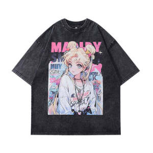 Bandai | Anime Girl Warrior Collaboration Washed Short Sleeved T-shirt Retro Loose Mens and Womens Round Neck Top