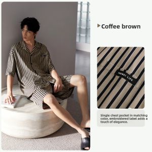 yuenei | Mens Summer Cotton Pajamas Short Sleeve Striped Set Casual Comfortable Breathable Button Decorated Loose Fit Home Clothes