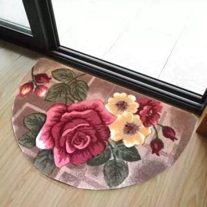 VIKAMA Retro 3D Rose Semi Circle Doormat Soft Non-Slip Welcome Mat Washable Entrance Rug for Bedroom Living Room Home Decor