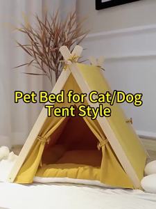 Cat Dogs Pet Tent Yellow Wooden Frame with Cushion 50% Off