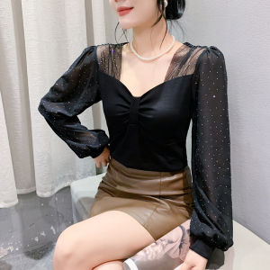 Yimei 2024 Thời Trang Đa Năng kim cương toàn bộ tay áo phồng Hàng Đầu Độc Đáo mùa thu và mùa đông phong cách mới nữ lớn Của Tay áo dài Gấp Áo phông cổ chữ V