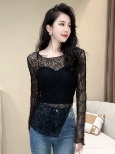 เสื้อชั้นในลูกไม้สไตล์เกาหลีสำหรับผู้หญิง เสื้อชั้นนอกแบบโปร่ง ทรงเอ แขนยาว ปกโปโล สีพื้น ทรงเข้ารูป ฤดูใบไม้ร่วง 2024