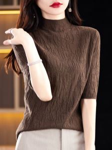 Trendy Half Sleeve Knitted Sweater Womens Overhead mid Sleeve Flower Pattern Base Shirt Youthful Short Sleeve Top