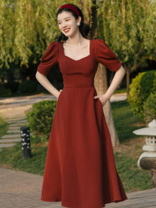 French Style Elegant Red Dress Womens 2025 New Holiday Dress Maid of Honor Gown Evening Long Skirt Casual High Waist Polyester Fiber