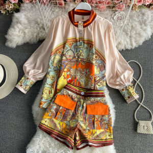 New 2025 Hong Kong Style Floral Print Two-Piece Set Womens Fashion Spring Collection Short Skirt And Printed Shirt Ensemble