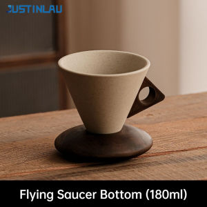 JUSTINLAU Rough Ceramic Conical Coffee Mug with Wooden Saucer Vintage Latte Cappuccino Cup Espresso Coffee Cup for Home Cafe