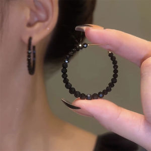 Elegant Black Crystal Hoop Earrings Womens Unique Design Minimalist Style Luxury Ear Jewelry Korean Fashion Alloy Geometric