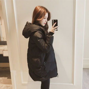 Black Puffer Jacket Women Winter Mid-Length Cotton Coat New Fashion Thickened Bread Style Lightweight Hooded Outerwear