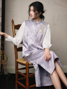 JK＆JS | New Chinese Style Purple Wisteria Flower Embroidery Silk Vest Jacket Set National Trend Top JKJS【Purple Path Cold Smoke】