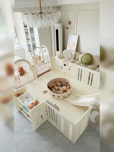 SG Seller - Premium 6-in-1 Activity Playpen. Designed with a modern neutral beige and white aesthetic to seamlessly blend into your home decor this multi-functional playset combines safety with endless entertainment.