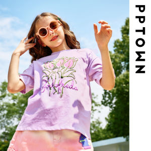 Girls Short Sleeve T-Shirt Tulip Print Casual Top Versatile Base Layer Shirt for Spring Summer Childrens Clothing Cotton Blend