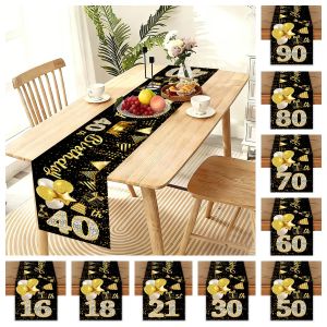 Birthday Table Runner Black Gold Print Dining Table Decor Party Supplies Home Indoor Banquet Event Tablecloth Decorate