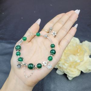 Q1315 Lắc Bạc mix đá t.nhiên Agate xanh khóa bạc Mộc và Hoả - Phong Thuỷ TUDO