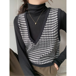 Womens Knitted Vest Top V-neck Plaid Layering Outerwear Sleeveless Spring Autumn Versatile Fashionable Commute Style