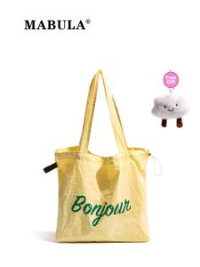 MABULA | MABULA Casual Canvas Tote Bag Fashionable Large Capacity Drawstring Shoulder Bag Leisure Letter Print Commuter Bag For Women