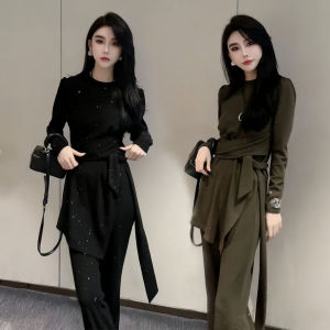 Elegant High Waist Wide Leg Pants Long Sleeve Shirt Womens Fashion Set Autumn New Style Premium Feel Two Piece Suit