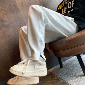 กางเกงวอร์มทรงตรงสำหรับผู้ชาย สีเทาอ่อน กางเกงขายาวทรงตรง ซิป ทรงสลิมฟิต แฟชั่นฤดูใบไม้ผลิและฤดูใบไม้ร่วง แบรนด์ ZHONGCAO