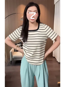 plus Size Womens Striped Short Sleeve Knitted T-Shirt Slimming Summer Top Fashionable Korean Style Commute Wind Loose Fit