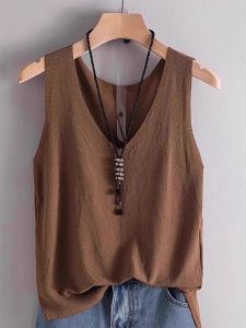 DVDK | Browny Flax Knitted Camisole Spacious Loose Large Size V-Neck Sleeveless Vest