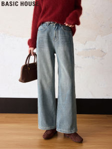 Basic House | Quần Jeans Ống Rộng Cạp Cao Lót Nỉ Dày Màu Xanh Thu Đông