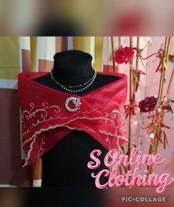 Red Alampay Filipiniana with free brooch for Kids Ages 6 to 12 Years Old - Embroidered Design - Pearl Brooch - Black Mannequin Display - Floral Background