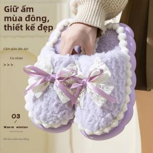 BAIXITANG | Dép Lông Nữ Có Nơ Đế Dày Ốm Ấm Dùng Trong Nhà Dành Cho Mùa Đông