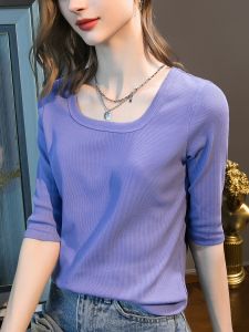 Trendy Knitwear Womens Summer Small Half Sleeve Square Collar Fashion 3/4 Sleeves K-style Half-Sleeve Base Tops T-Shirt