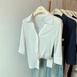 French Style White Polo Shirt Womens Lightweight Sun Protection Mid-Sleeve Casual Fashion Breathable Thin Luxury Top