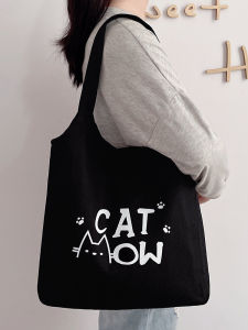 Large Capacity Canvas Shoulder Bag for Women Black Commuter Handbag Student Lazy Style Double Layered Magnetic Buckle Closure