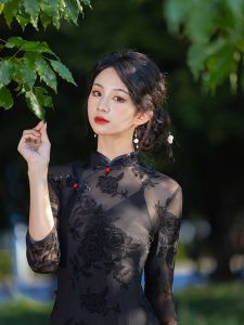 Elegant Black Rose Lace Cheongsam Midi Dress Chinese Style Evening Gown Young Revised Retro New Middle-Length Womens Suit