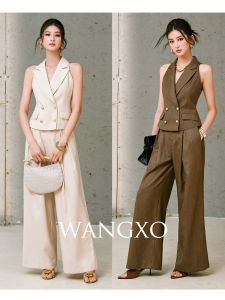 WANGXO | Bộ Áo Gile Cột Ép Dây Caro Vải Lin và Quần Rộng Chân Nếp