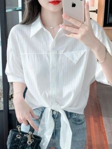 Womens Chiffon Shirt 2025 New Summer Loose Versatile Open Cardigan Solid Color POLO Collar Silk Simulation Top