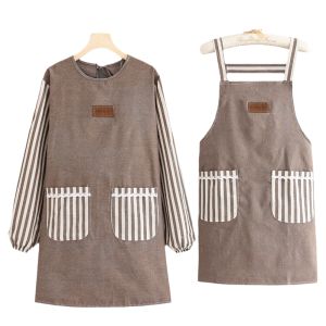 Adorable Korean Style Long Sleeve Canvas Apron Kitchen Workwear Womens Wear-Resistant Breathable Oil-Proof Overall Smock