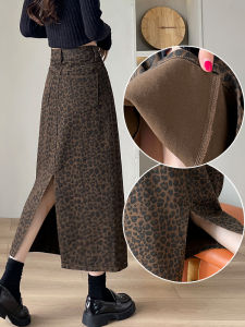 Trendy Leopard Print High Waist A-Line Mini Skirt Womens Denim Split Slimming Midi Skirt Commute Simple Cotton Blend
