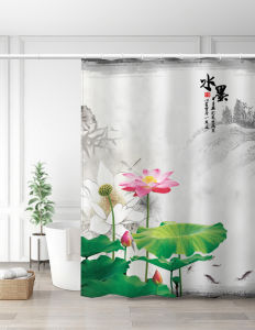 Thickened Chinese Style Bathroom Shower Curtain Lotus Flower Design Waterproof Mold Proof Room Partition Door Curtain
