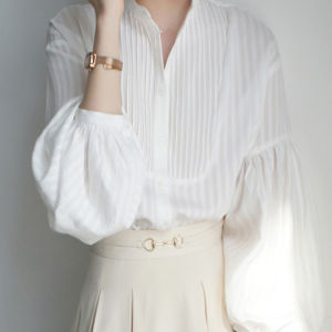 Chic Korean Style Womens Shirt Lantern Sleeve Pleated Stand Collar Spring Edition High Fashion Sun Protection Silk Top