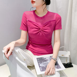 Áo thun cổ tròn nữ màu xanh lá cây màu trắng biểu diễn dáng ôm Mới Mùa Hè tay ngắn áo lưới thắt nút độc đáo và thời trang