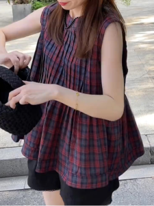 Shalldoer | Áo sơ mi nữ không tay họa tiết kẻ caro cổ tròn dáng ôm mùa hè cỡ lớn Áo vest công sở thường ngày