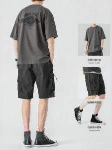 Wood soon | Japanese Style Summer Loose Fit Drawstring Cargo Shorts & Printed Short Sleeve T-shirt Mens Outfit Set