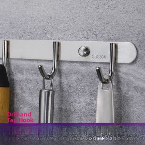 Thickened 304 Stainless Steel Bathroom Kitchen Wall Mounted Hooks Full Set Rack Hanging Coat Hooks Drilled Hole Hooks
