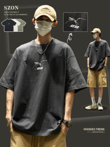 เสื้อยืดแขนสั้นผู้ชาย ทรงหลวม สไตล์ฤดูร้อน ลายพิมพ์เรียบง่าย สไตล์อเมริกัน เสื้อยืดคอกลมคอตตอนระบายอากาศได้ดี