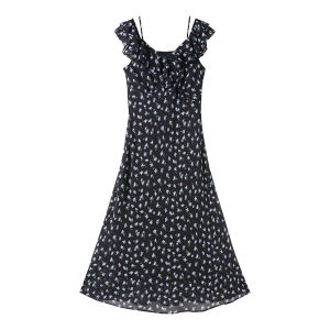 XIANGYING | ชุดเดรสยาวแขนกุดคอวีลายดอกไม้สีดำ ทรงเอ ผ้าชีฟอง ทรงเข้ารูป สำหรับผู้หญิง ฤดูร้อน 2025 ชุดเดรสยาวคลุมเข่า