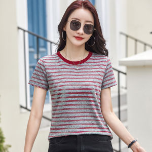 Phụ Nữ Tay Ngắn Cổ Tròn T-Shirt phong cách Hàn Quốc TEE thường áo kẻ sọc bông tuyết bông