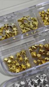 12 Grid Ocean Series Metal Nail Charms Gold Silver Shell Starfish Mixed Nail Art Decoration Accessories