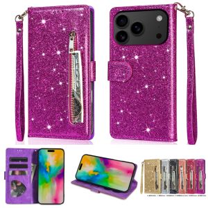 Zipper Glitter Leather Case for iPhone 17 Air 16 16E 15 14 13 12 11 Pro Max XS Max XR 8 7 Plus SE Flip Bling Wallet Phone Cover