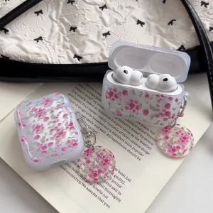 Pink Strawberry Flower Green Leaf Pattern Transparent Glossy Earphone Cover Case For AirPods 2 3 4 5 Pro Pro2 Pro3 with Pendant