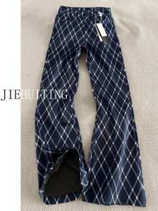 Quần Ống Rộng Cạp Thấp Kẻ Caro Xanh Đậm Cho Nữ Mùa Hè 2024 Quần Ống Rộng Dáng Chữ a Dáng Rộng Thoải Mái