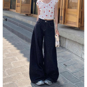 กางเกงยีนส์ทรงหลวมเอวสูงสีน้ำเงินเข้ม กางเกงขายาวทรงหลวมสไตล์ย้อนยุค กางเกงขายาวทรงหลวมบาง กางเกงขายาวทรงหลวมสำหรับผู้หญิง