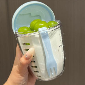 YESPERY Fruit Salad Storage Cup with Lids and Fork Portable Picnic Fruit Bottle Double Layered Draining Fruit Cleaning Storage Cup